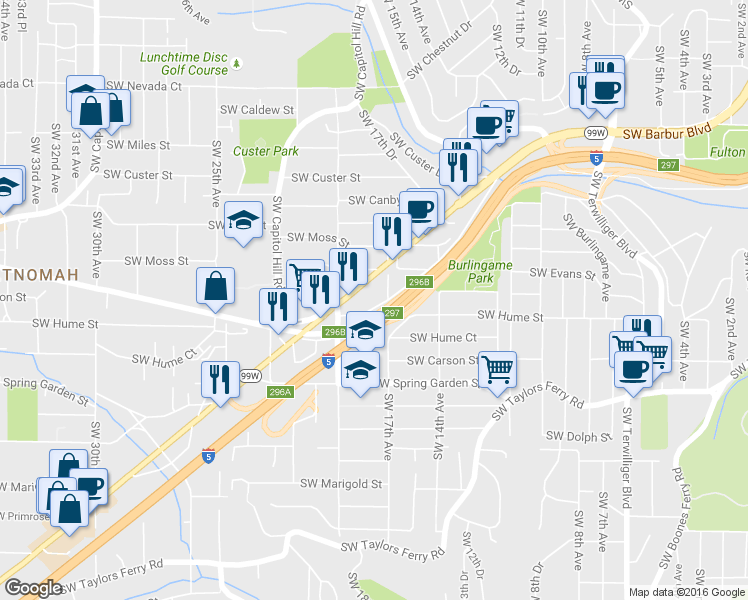 map of restaurants, bars, coffee shops, grocery stores, and more near 8029a Southwest 17th Avenue in Portland
