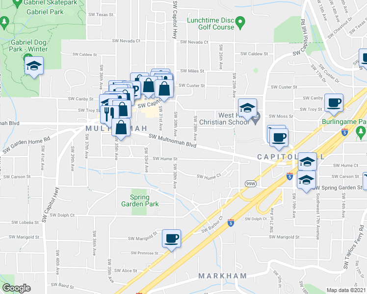 map of restaurants, bars, coffee shops, grocery stores, and more near 2929 Southwest Multnomah Boulevard in Portland