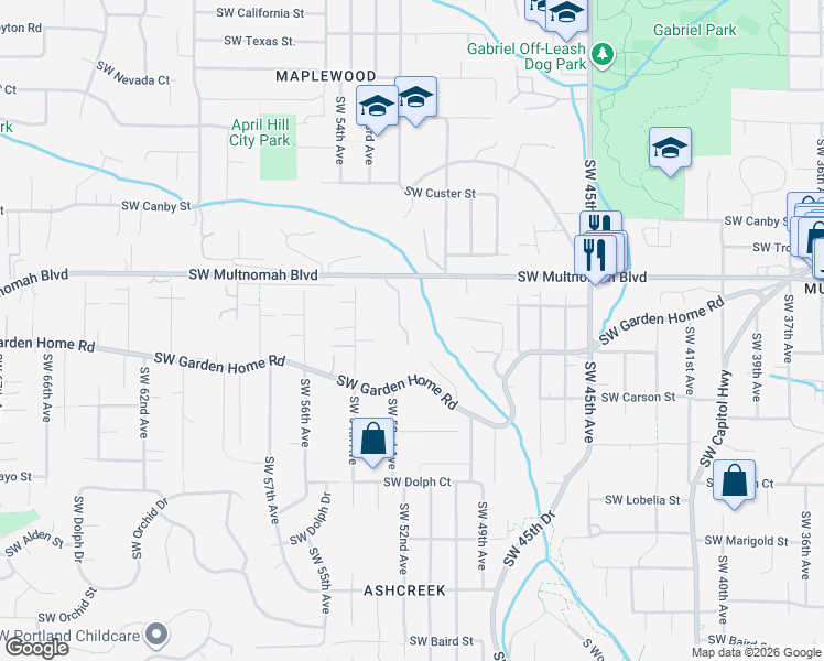 map of restaurants, bars, coffee shops, grocery stores, and more near 5130-5156 Southwest Multnomah Boulevard in Portland