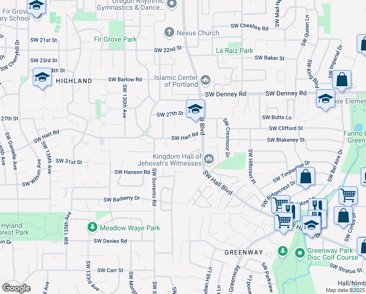 map of restaurants, bars, coffee shops, grocery stores, and more near 12470 Southwest Hart Road in Beaverton