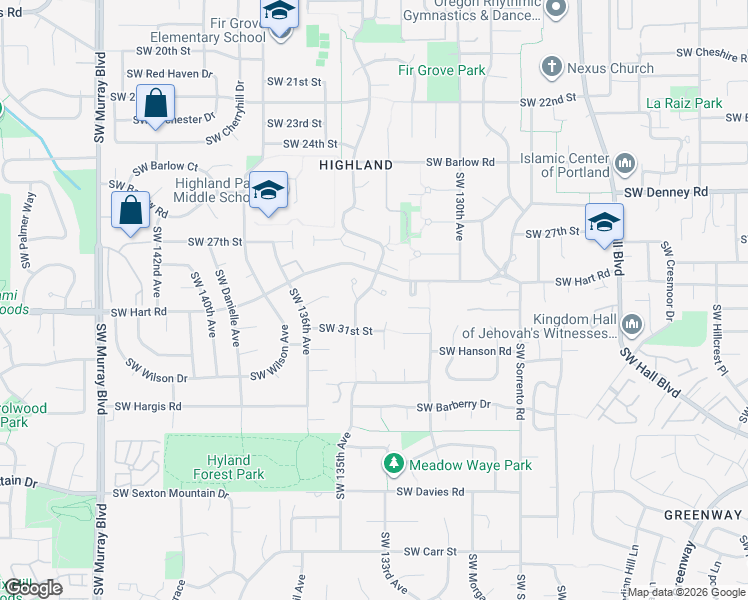 map of restaurants, bars, coffee shops, grocery stores, and more near 7340 Southwest Hyland Way in Beaverton