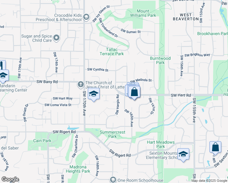 map of restaurants, bars, coffee shops, grocery stores, and more near 7385 Southwest 165th Avenue in Beaverton