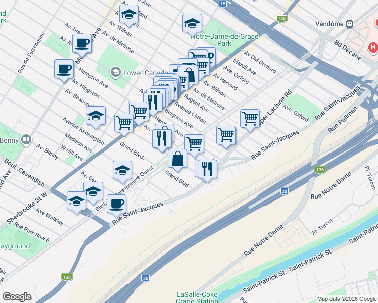 map of restaurants, bars, coffee shops, grocery stores, and more near 2147 Avenue Hingston in Montréal