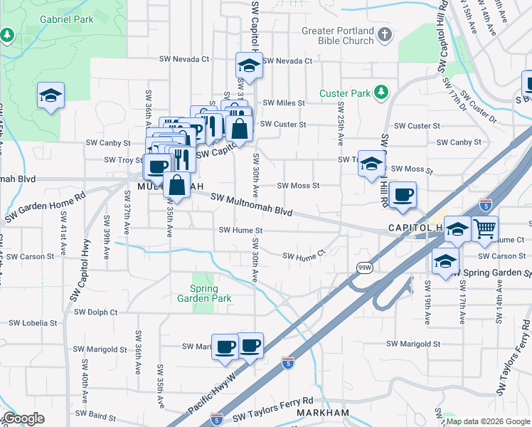 map of restaurants, bars, coffee shops, grocery stores, and more near 2929 Southwest Multnomah Boulevard in Portland