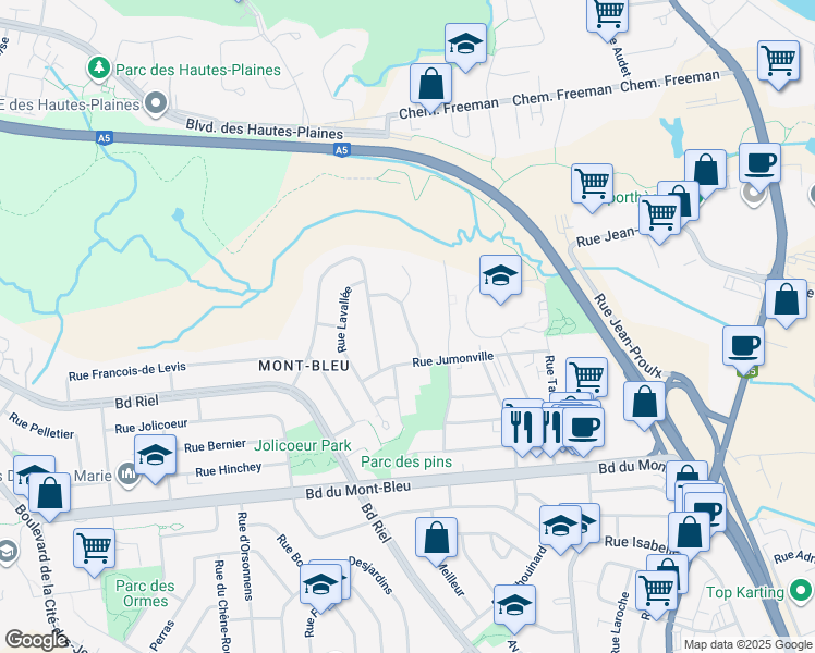 map of restaurants, bars, coffee shops, grocery stores, and more near Rue de Deauville in Gatineau