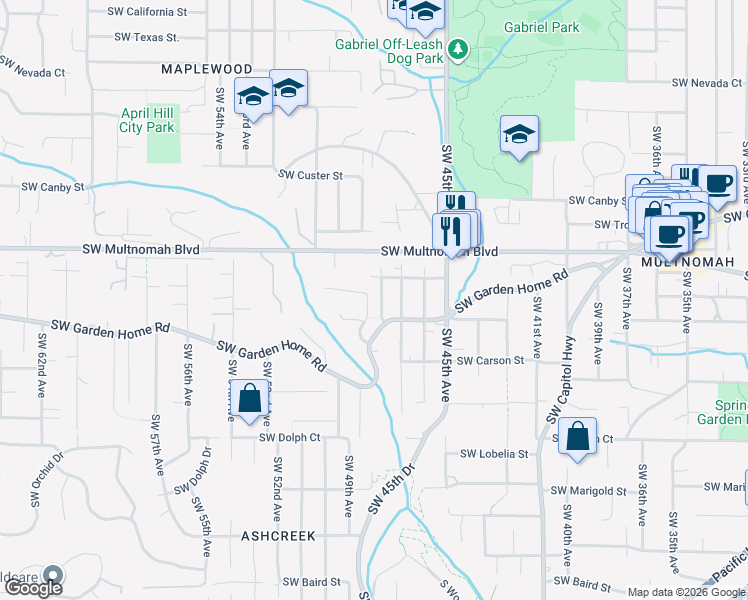 map of restaurants, bars, coffee shops, grocery stores, and more near 4811 Southwest Orchard Lane in Portland