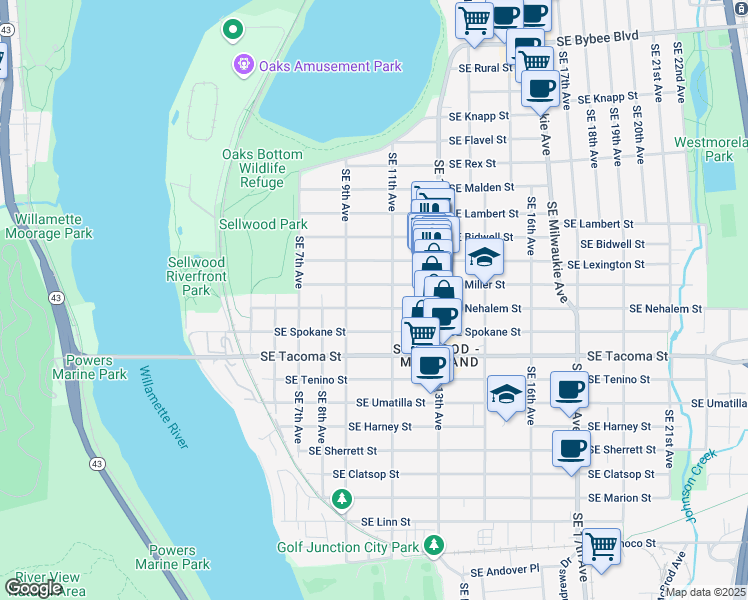 map of restaurants, bars, coffee shops, grocery stores, and more near 911 Southeast Miller Street in Portland