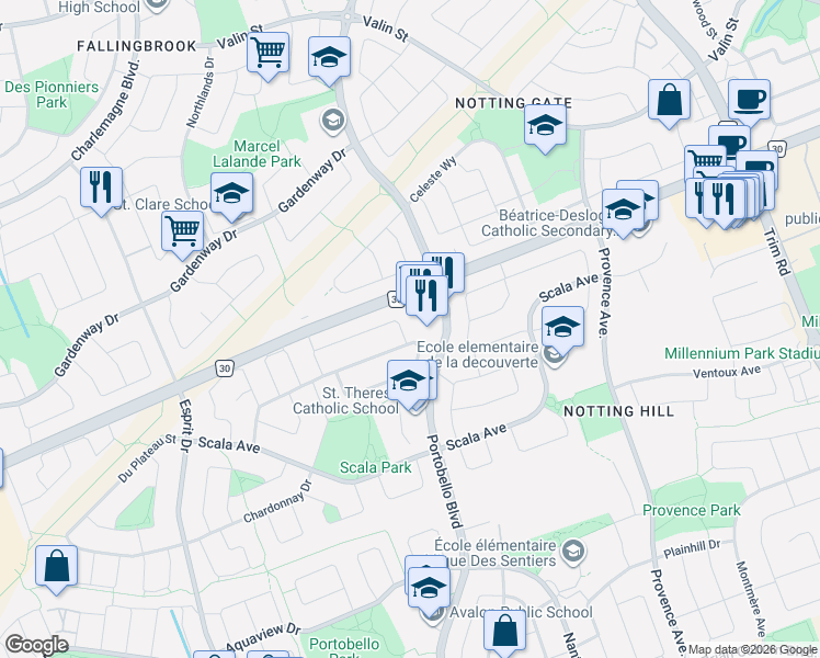 map of restaurants, bars, coffee shops, grocery stores, and more near 1157 Marchant Drive in Ottawa