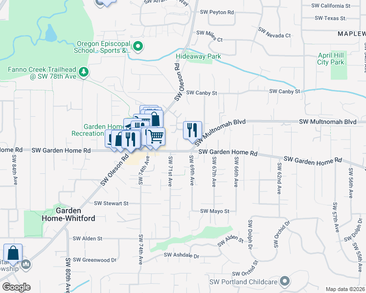 map of restaurants, bars, coffee shops, grocery stores, and more near 7025 Southwest Garden Home Road in Portland