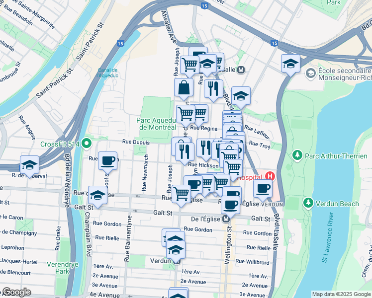 map of restaurants, bars, coffee shops, grocery stores, and more near 3810 Rue de Verdun in Montreal