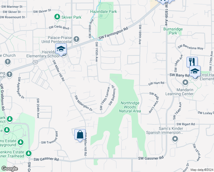 map of restaurants, bars, coffee shops, grocery stores, and more near 7471 Southwest 194th Terrace in Beaverton