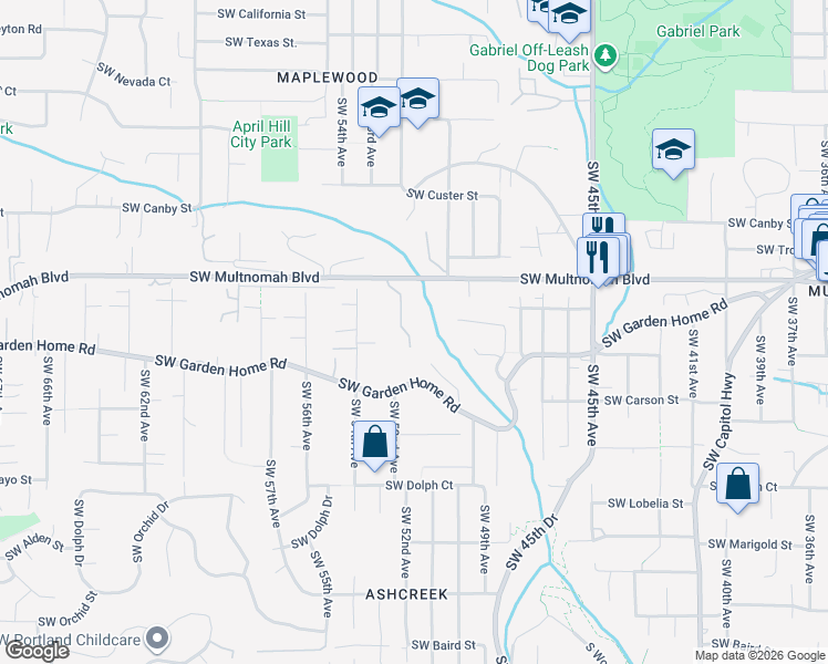 map of restaurants, bars, coffee shops, grocery stores, and more near 5130-5156 Southwest Multnomah Boulevard in Portland