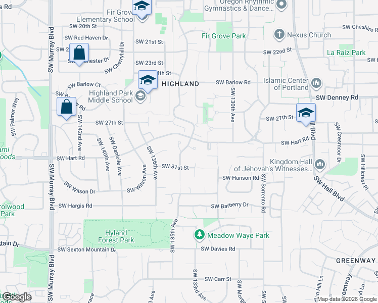map of restaurants, bars, coffee shops, grocery stores, and more near 7340 Southwest Hyland Way in Beaverton