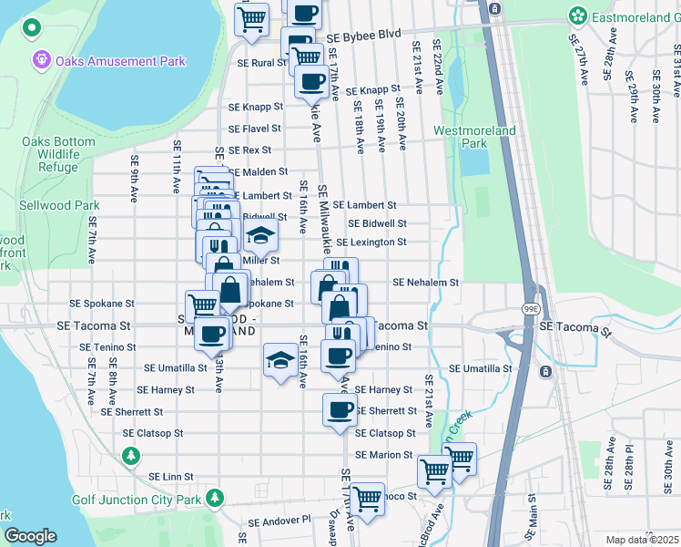map of restaurants, bars, coffee shops, grocery stores, and more near 7936 Southeast Milwaukie Avenue in Portland