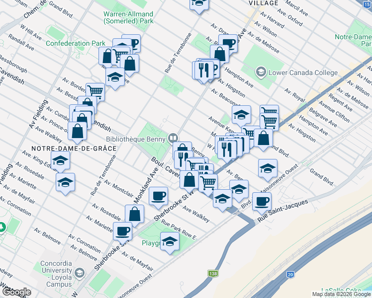 map of restaurants, bars, coffee shops, grocery stores, and more near 4100 Avenue Benny in Montréal