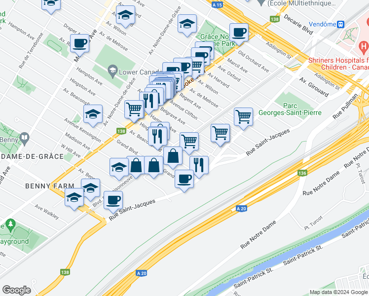 map of restaurants, bars, coffee shops, grocery stores, and more near 2147 Avenue Hingston in Montréal