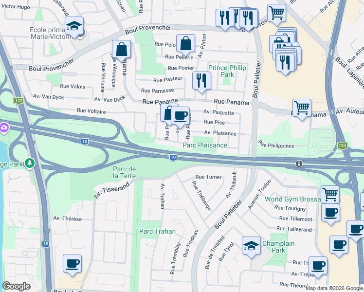 map of restaurants, bars, coffee shops, grocery stores, and more near 6690 Rue Pinard in Brossard