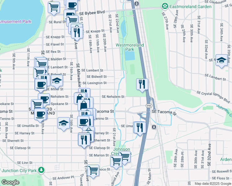 map of restaurants, bars, coffee shops, grocery stores, and more near 7960 Southeast 21st Avenue in Portland