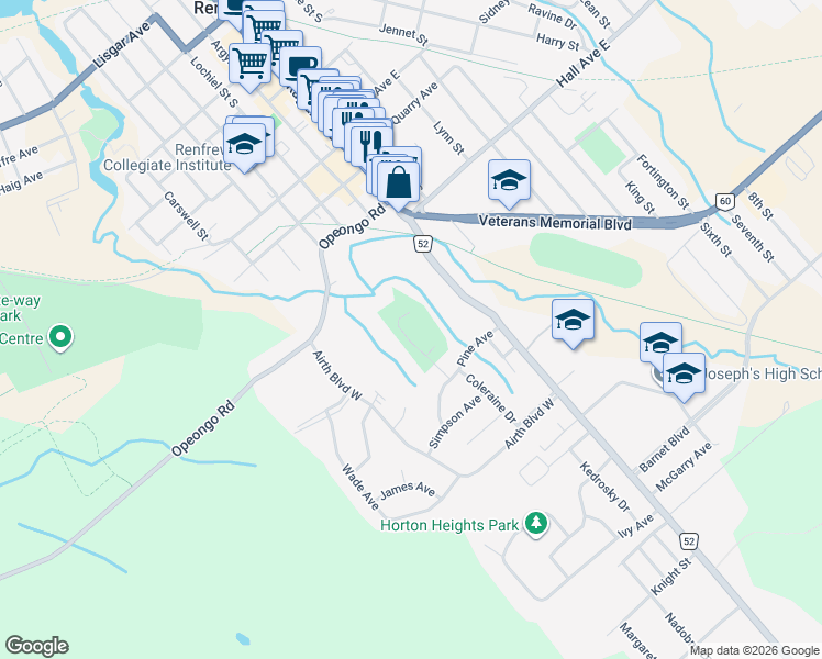 map of restaurants, bars, coffee shops, grocery stores, and more near 511 Coleraine Drive in Renfrew