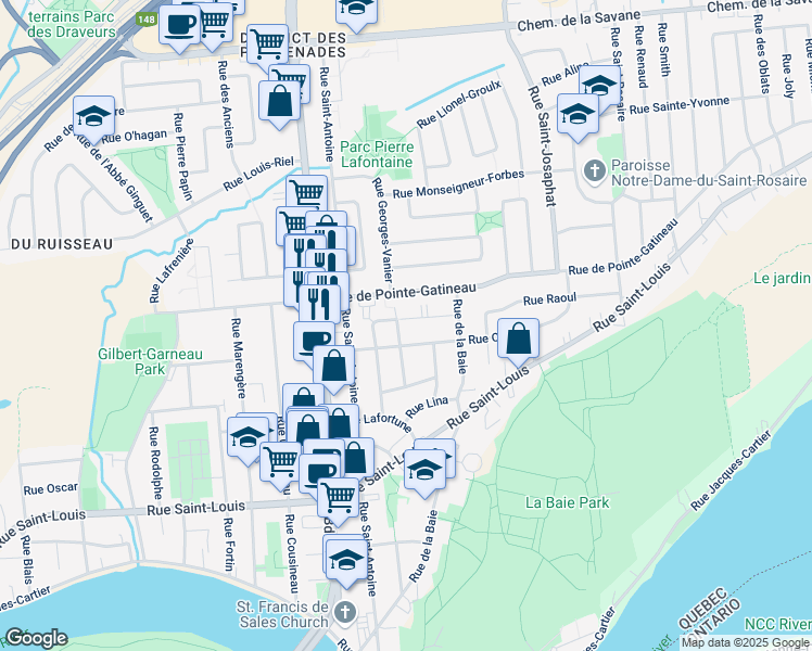 map of restaurants, bars, coffee shops, grocery stores, and more near 31 Rue Claire in Gatineau
