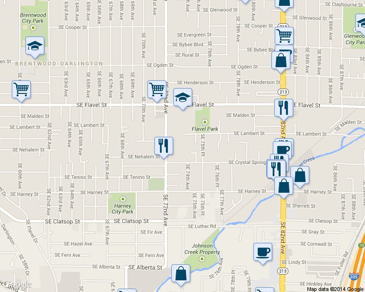 map of restaurants, bars, coffee shops, grocery stores, and more near 7898 Southeast 72nd Avenue in Portland