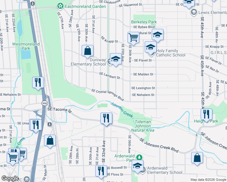 map of restaurants, bars, coffee shops, grocery stores, and more near 7928 Southeast 34th Avenue in Portland