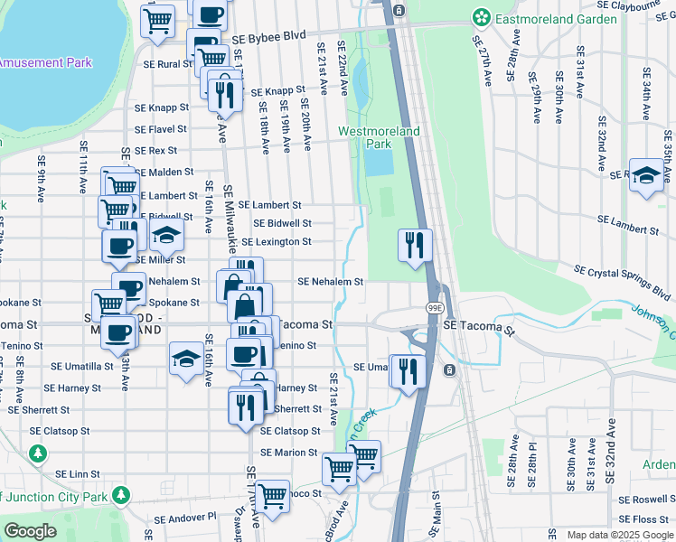 map of restaurants, bars, coffee shops, grocery stores, and more near 7928 Southeast 21st Avenue in Portland