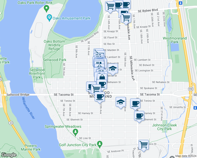 map of restaurants, bars, coffee shops, grocery stores, and more near 1219 Southeast Miller Street in Portland
