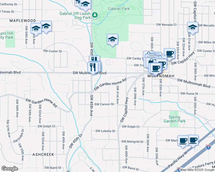 map of restaurants, bars, coffee shops, grocery stores, and more near 4221 Southwest Garden Home Road in Portland