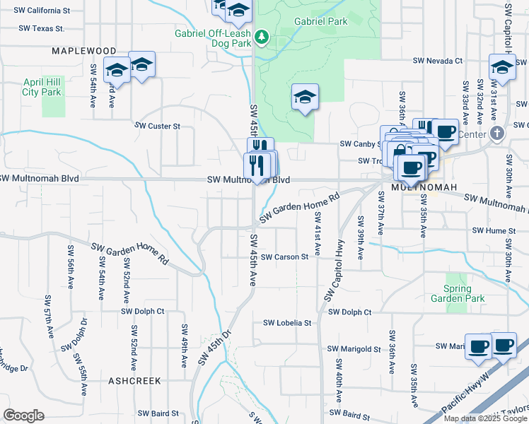 map of restaurants, bars, coffee shops, grocery stores, and more near 8010 Southwest 45th Avenue in Portland