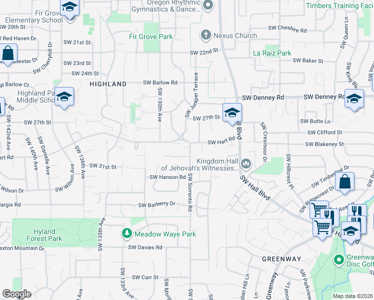 map of restaurants, bars, coffee shops, grocery stores, and more near 12735 Southwest Hart Road in Beaverton