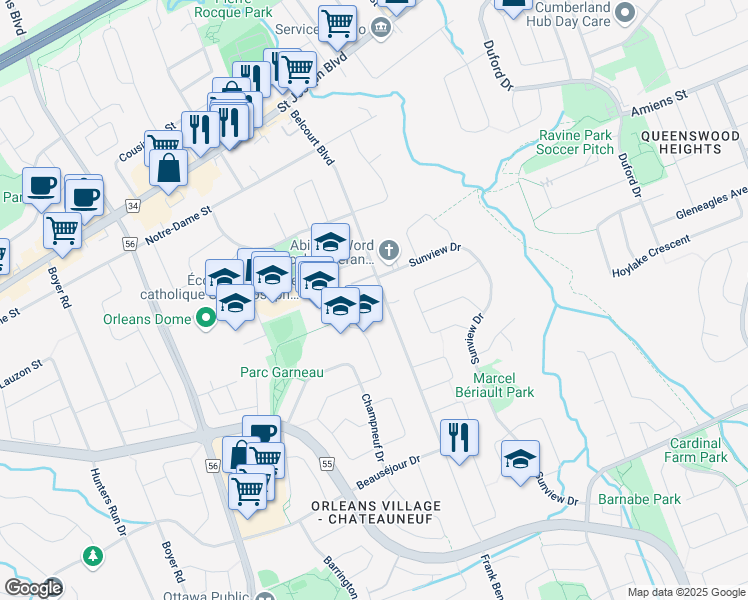 map of restaurants, bars, coffee shops, grocery stores, and more near 1598 Belcourt Boulevard in Ottawa