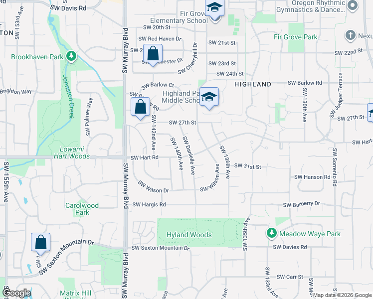 map of restaurants, bars, coffee shops, grocery stores, and more near 7455 Southwest Danielle Avenue in Beaverton