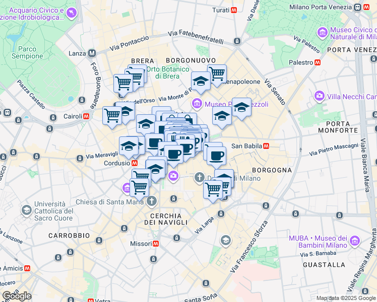 map of restaurants, bars, coffee shops, grocery stores, and more near in Milano