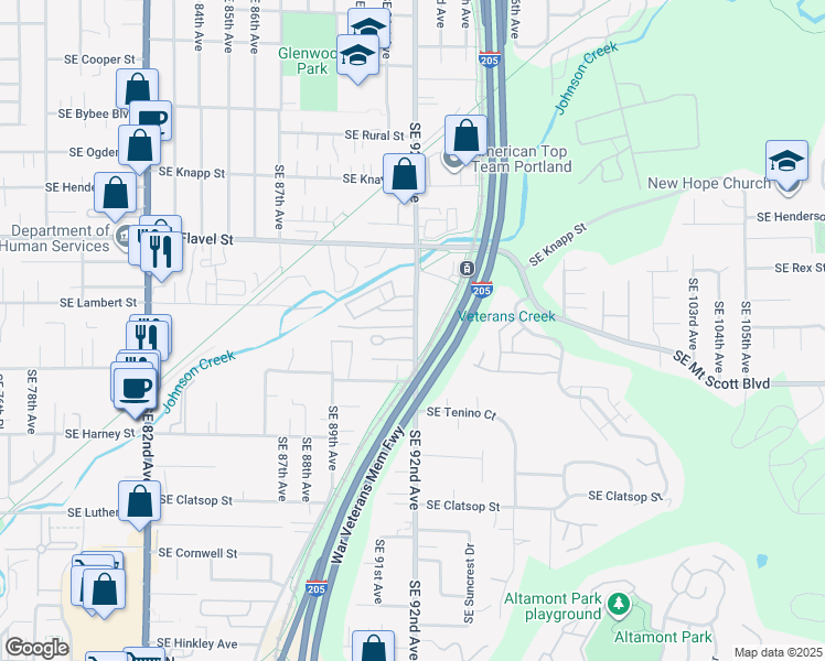 map of restaurants, bars, coffee shops, grocery stores, and more near 7955 Southeast 92nd Avenue in Portland