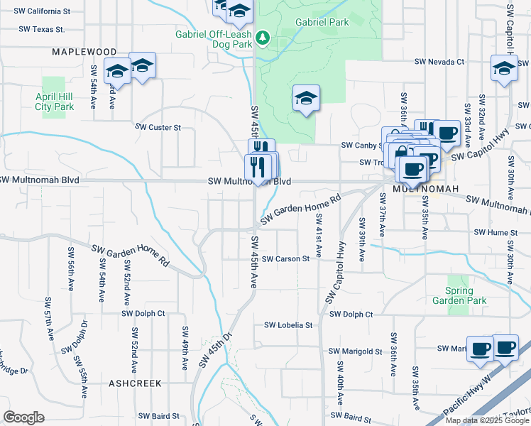 map of restaurants, bars, coffee shops, grocery stores, and more near 4445 Southwest Garden Home Road in Portland