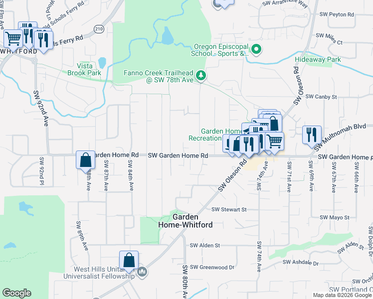 map of restaurants, bars, coffee shops, grocery stores, and more near 7446 Southwest 80th Terrace in Portland