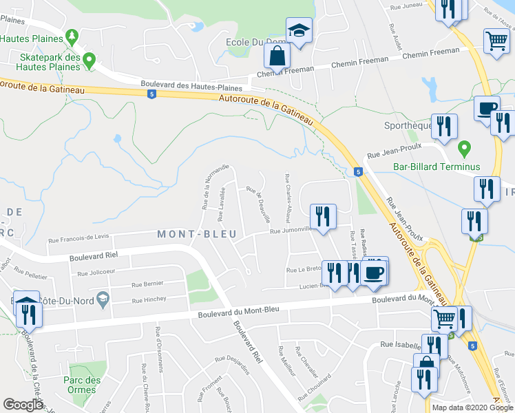 map of restaurants, bars, coffee shops, grocery stores, and more near 21 Rue de Deauville in Gatineau