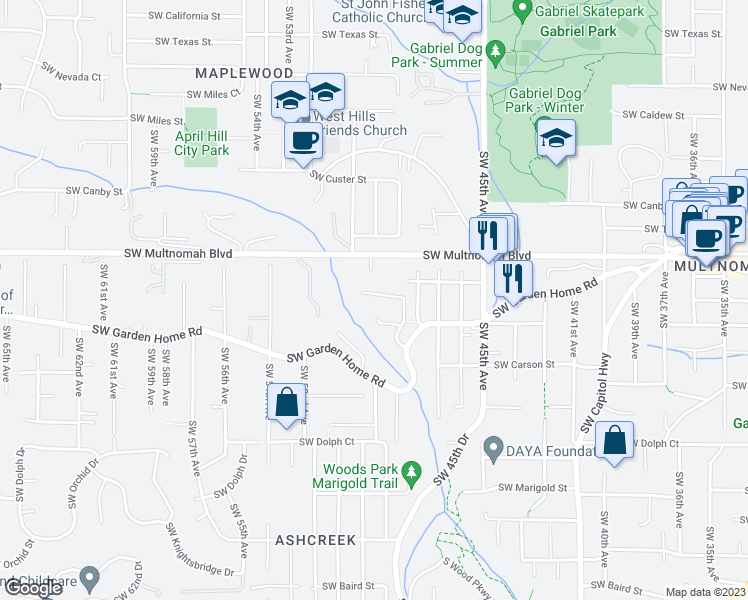 map of restaurants, bars, coffee shops, grocery stores, and more near 5002 Southwest Orchard Lane in Portland