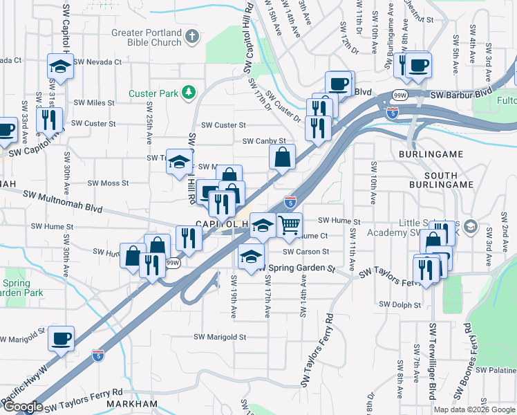 map of restaurants, bars, coffee shops, grocery stores, and more near 1725 Southwest Multnomah Boulevard in Portland