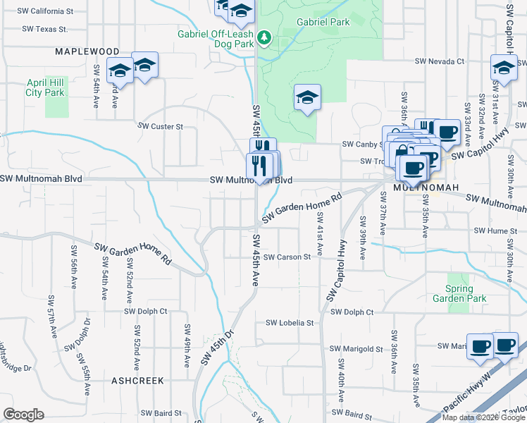 map of restaurants, bars, coffee shops, grocery stores, and more near 8010 Southwest 45th Avenue in Portland