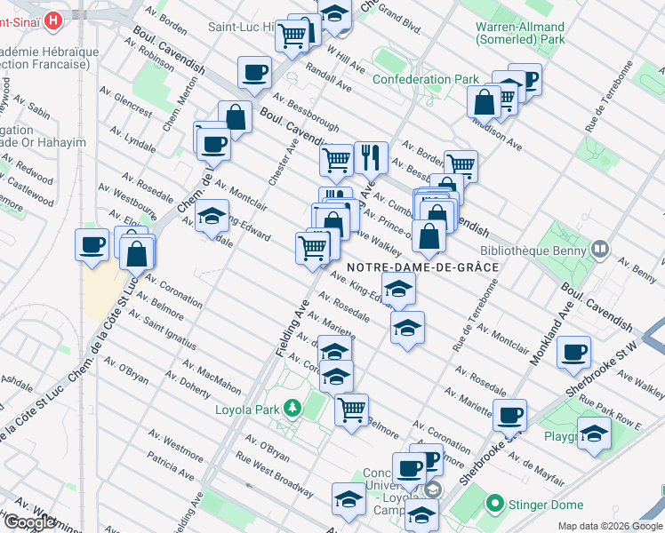 map of restaurants, bars, coffee shops, grocery stores, and more near 6780 Avenue Fielding in Montréal