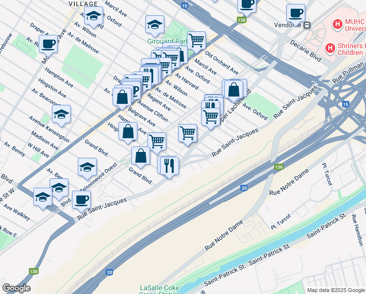 map of restaurants, bars, coffee shops, grocery stores, and more near 2034 Avenue Belgrave in Montréal