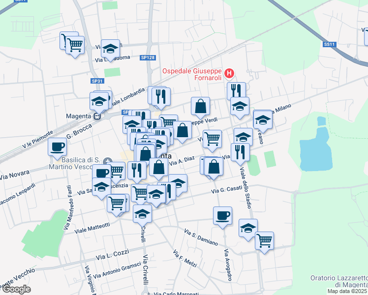 map of restaurants, bars, coffee shops, grocery stores, and more near 15-17 Via Milano in Magenta