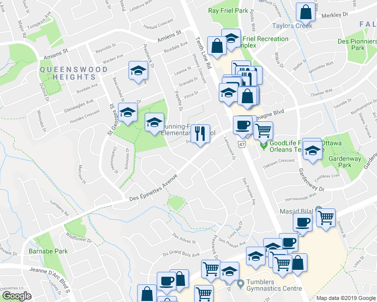 map of restaurants, bars, coffee shops, grocery stores, and more near 375 Des Epinettes Avenue in Ottawa