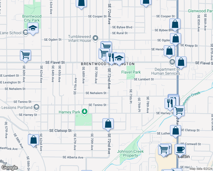 map of restaurants, bars, coffee shops, grocery stores, and more near 7101 Southeast Lexington Street in Portland