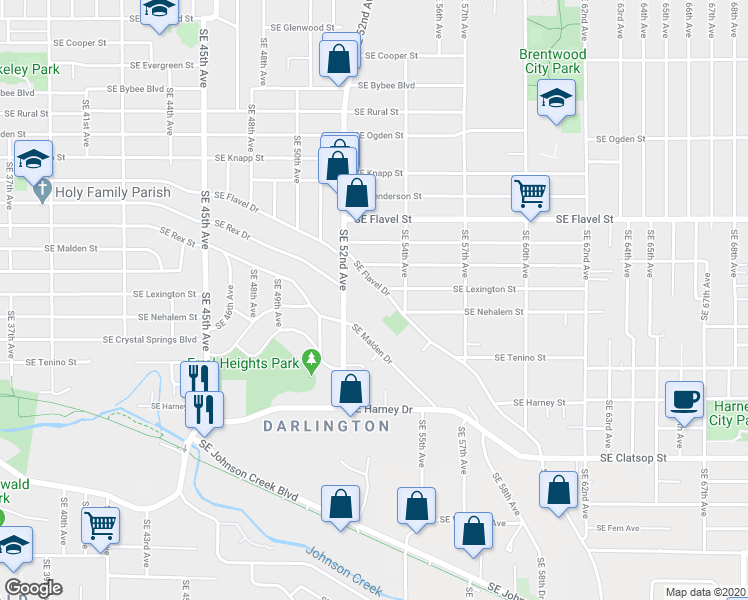 map of restaurants, bars, coffee shops, grocery stores, and more near 5320 Southeast Flavel Drive in Portland