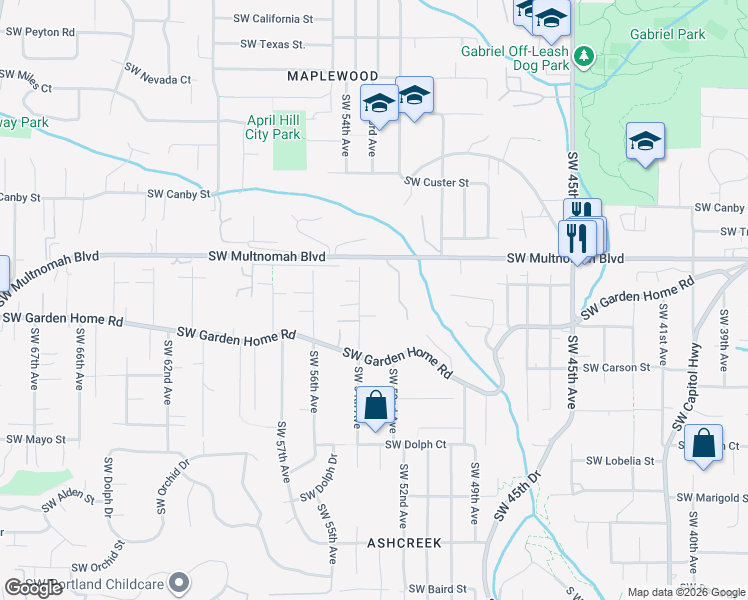 map of restaurants, bars, coffee shops, grocery stores, and more near 8024 Southwest 54th Avenue in Portland