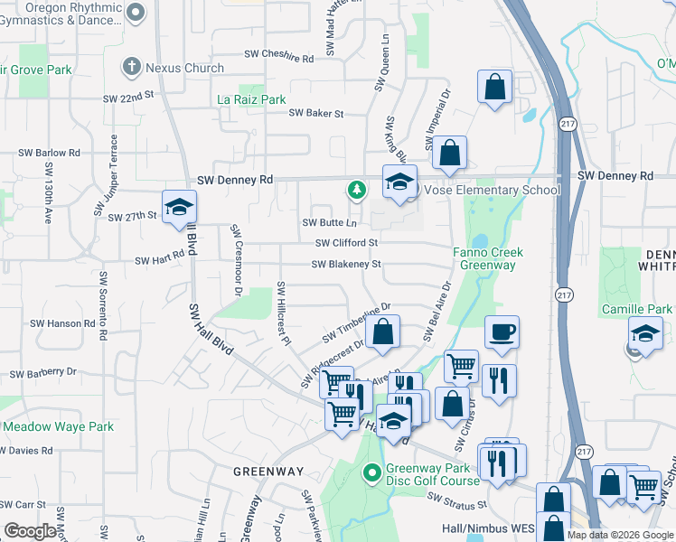map of restaurants, bars, coffee shops, grocery stores, and more near 11725 Southwest Blakeney Street in Beaverton