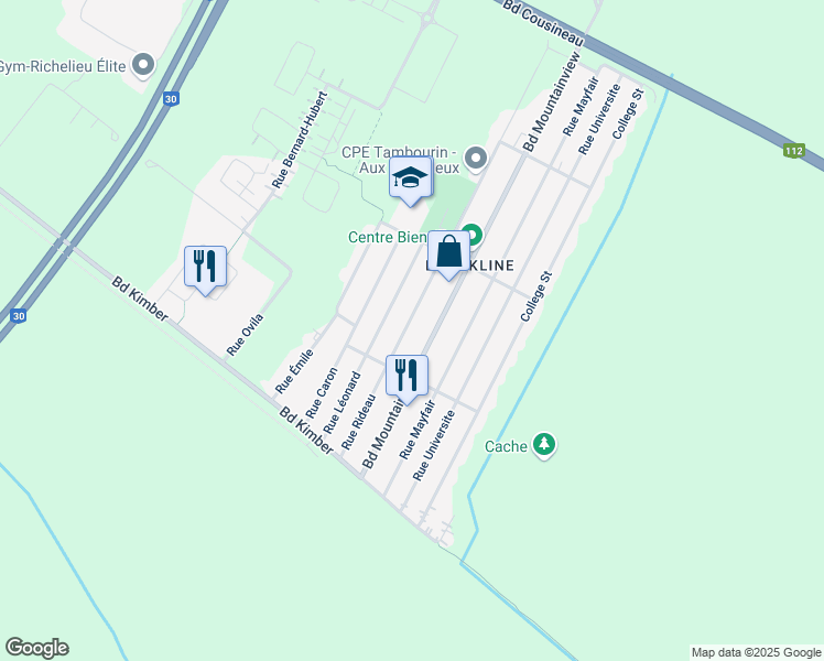 map of restaurants, bars, coffee shops, grocery stores, and more near 3645 Rue Rideau in Longueuil